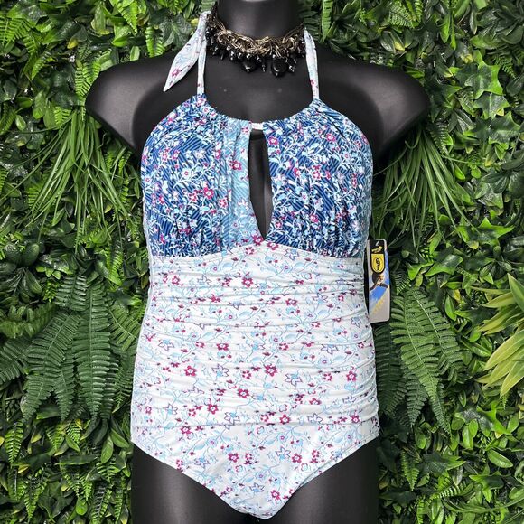 SPORTS WEAR Swimsuit Women Large Blue Floral One Piece Halter NWT 2333 - Picture 5 of 6